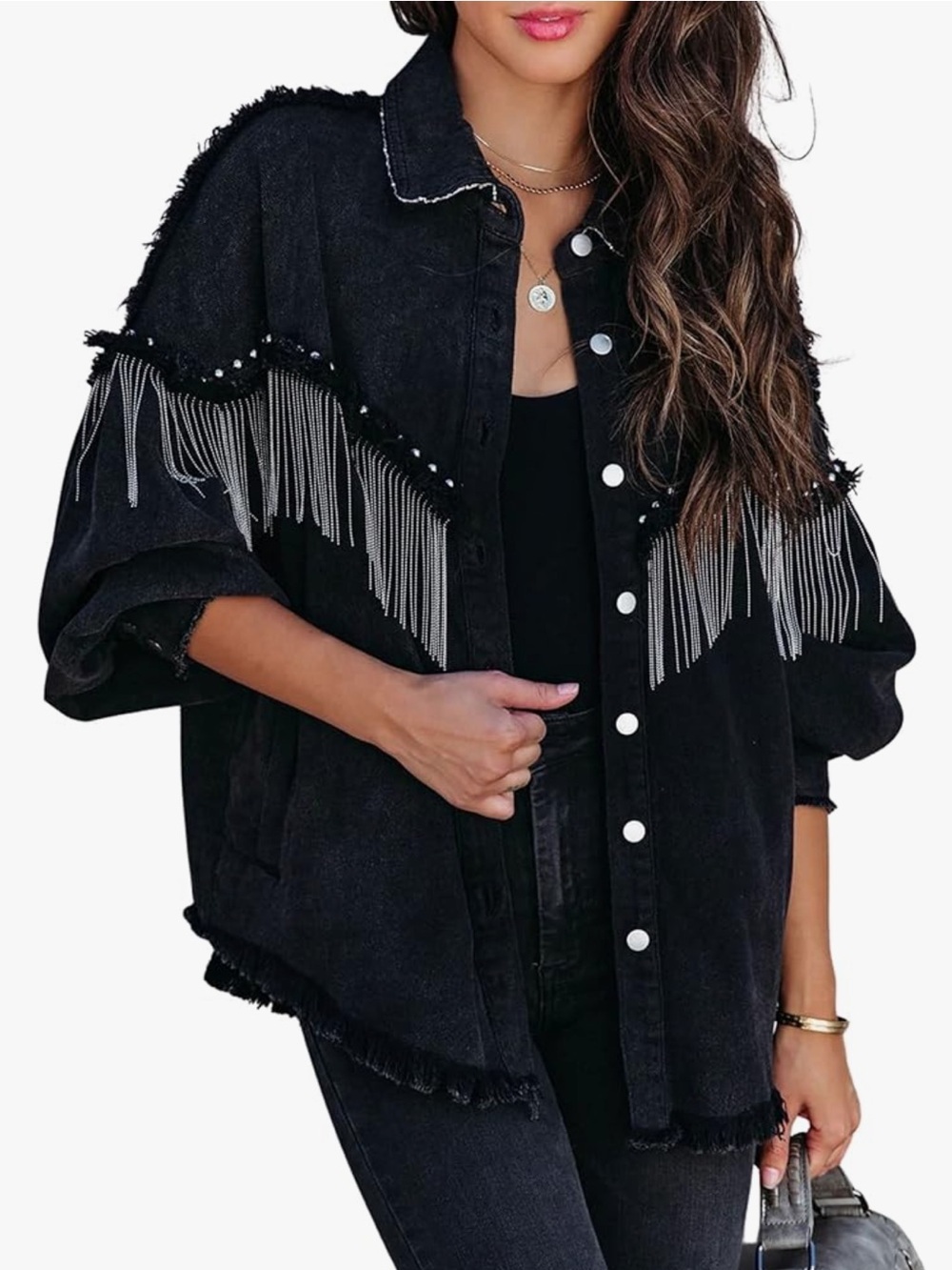 Daacee Oversized Fringe Denim Jacket Women’s Black Western size large